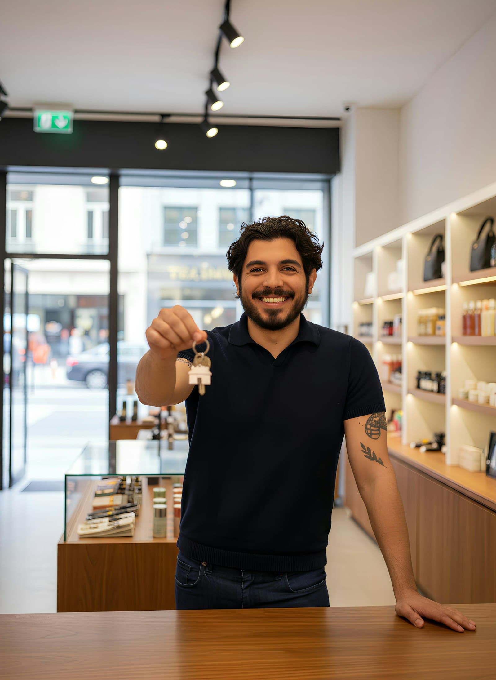 Smiling shop owner holding up keys in his retail store